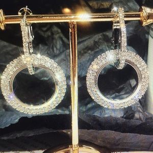 Double Circle Silver Earrings w/Clear Crystals